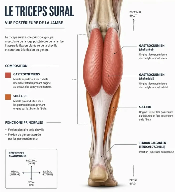 Tendon d'Achille d'un coureur — vue anatomique postérieure montrant le tendon calcanéen entre le mollet et l'os du talon.